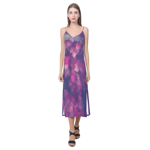 purple pink magenta cubism #modern V-Neck Open Fork Long Dress(Model D18)