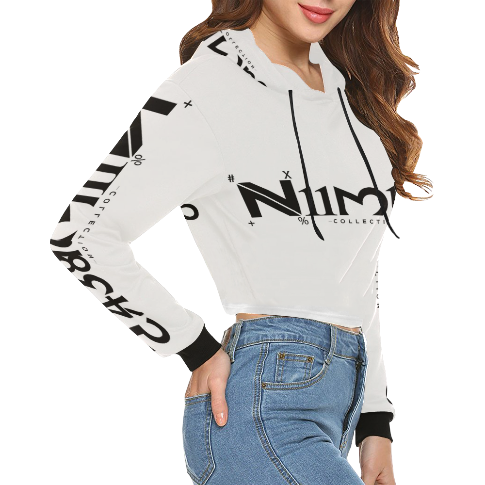 NUMBERS Collection LOGO White/Black All Over Print Crop Hoodie for Women (Model H22)
