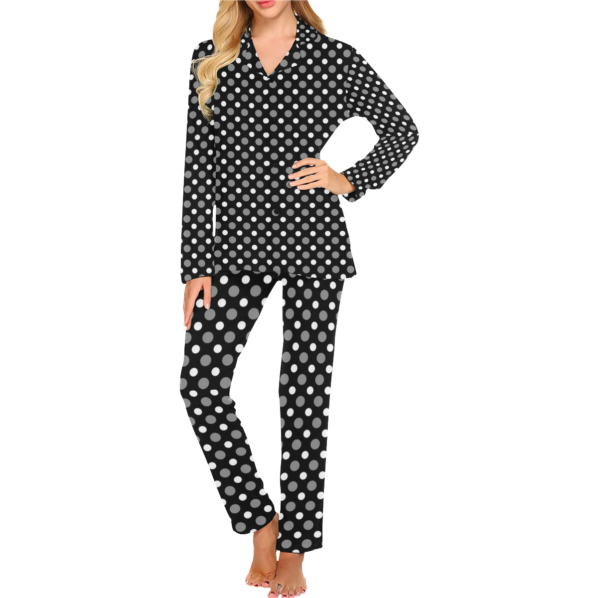 black gray white polka dots Women's Long Pajama Set