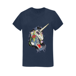 Spring Flower Unicorn Skull Royal Blue Women's T-Shirt in USA Size (Two Sides Printing)