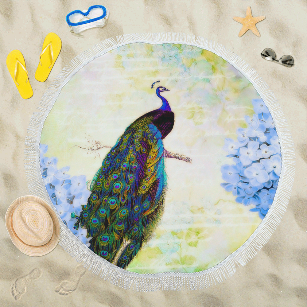 blue peacock and hydrangea Circular Beach Shawl 59"x 59"