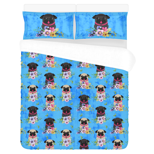 Pugs In Flowers - Black 3-Piece Bedding Set