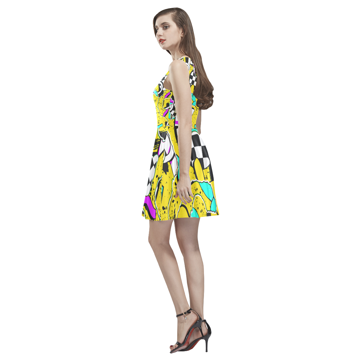 Shapes on a yellow background Thea Sleeveless Skater Dress(Model D19)