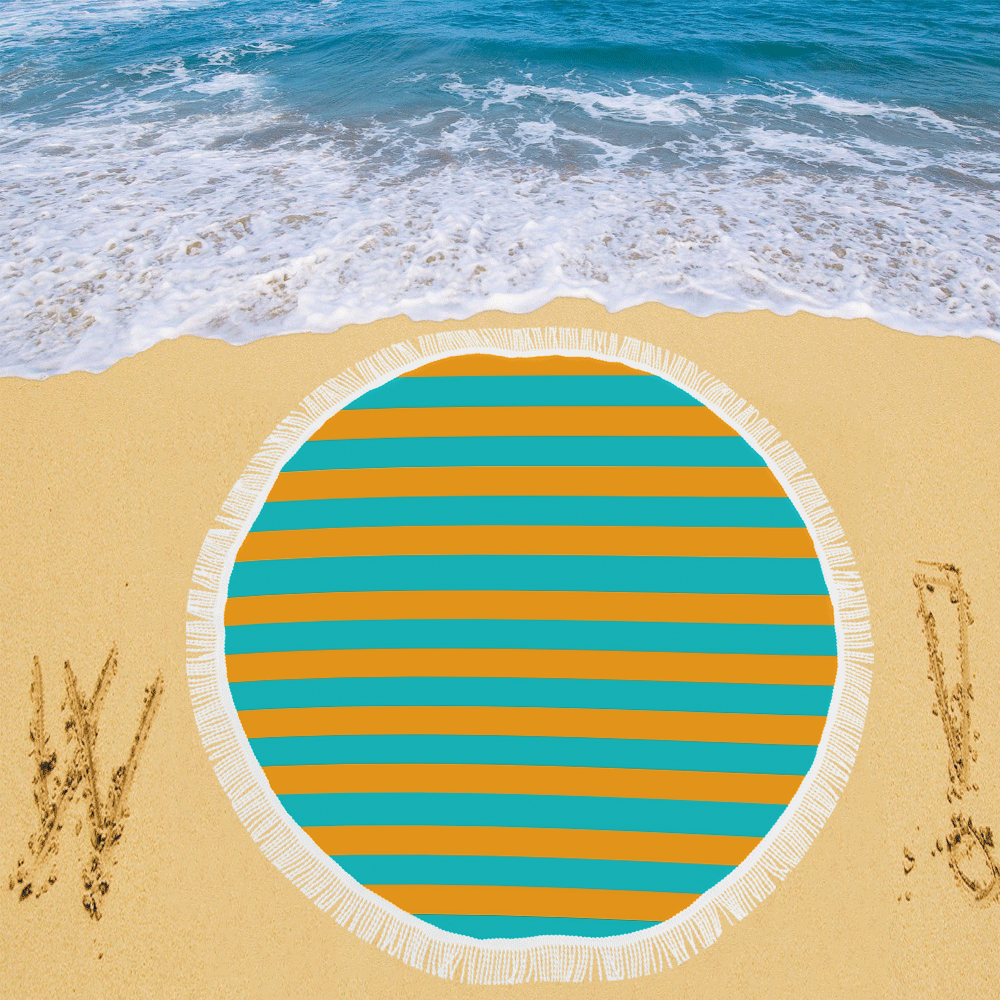 Orange Aqua Stripes Circular Beach Shawl 59"x 59"