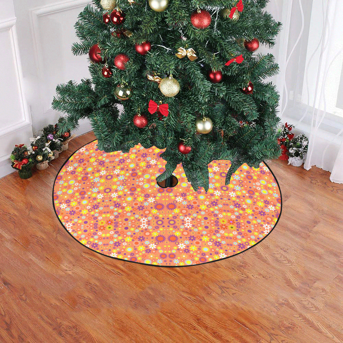 Floral Pattern Living Coral Christmas Tree Skirt 47" x 47"
