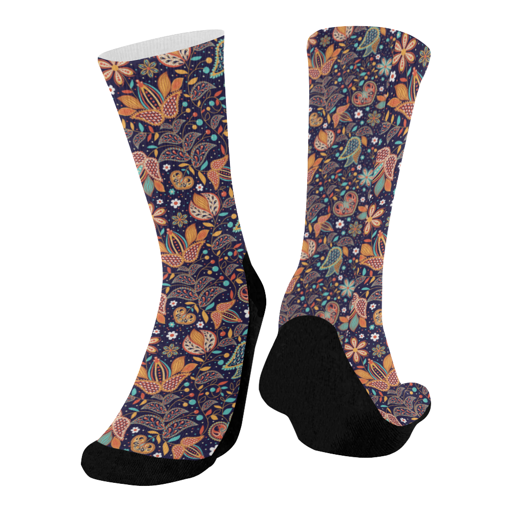Floral Paisley Pattern - Navy Mid-Calf Socks (Black Sole)