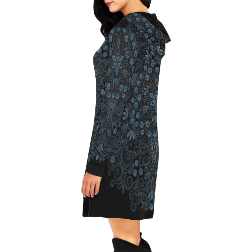 Blueberry Field, Blue, Watercolor Mandala on Black All Over Print Hoodie Mini Dress (Model H27)