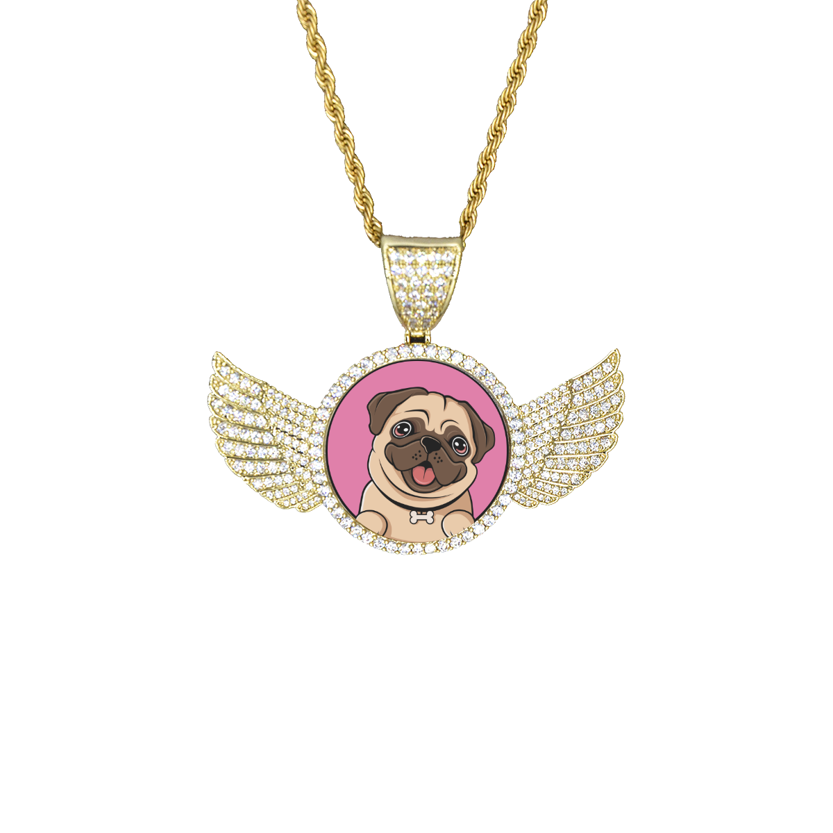 I Love Pugs Wings Gold Photo Pendant with Rope Chain
