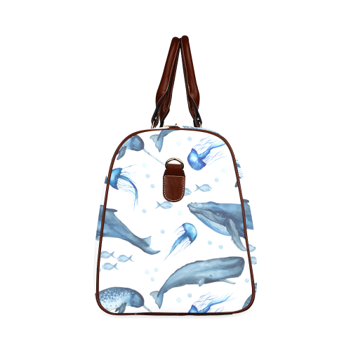 Billy Blue-white watercolor pattern with whales jellyfish by PiccoGrande Waterproof Travel Bag/Small (Model 1639)