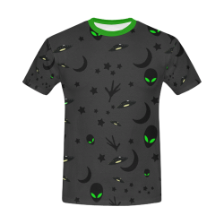 Alien Flying Saucers Stars Pattern on Charcoal/Green Trim All Over Print T-Shirt for Men/Large Size (USA Size) Model T40)