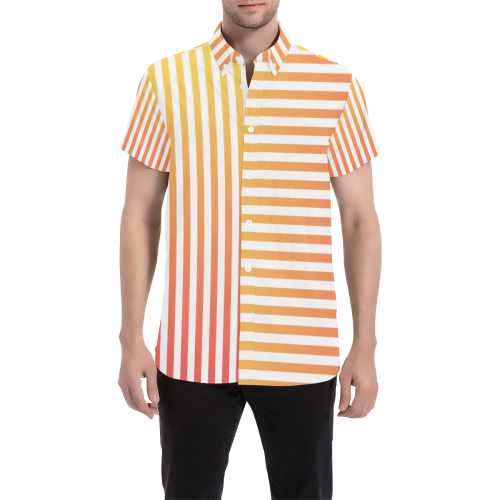 Yellow Orange Stripes on White Men's All Over Print Short Sleeve Shirt (Model T53)