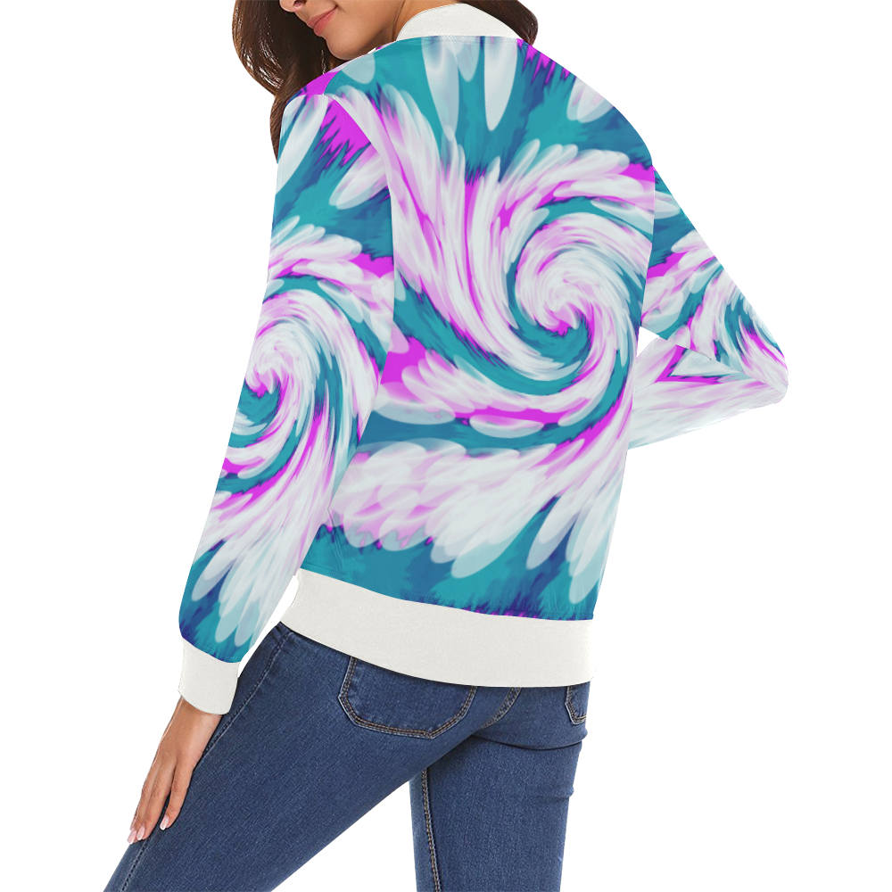 Turquoise Pink Tie Dye Swirl Abstract All Over Print Bomber Jacket for Women (Model H19)