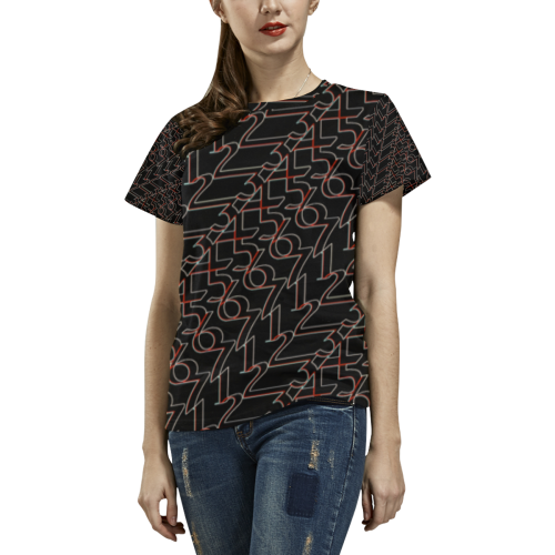 NUMBERS Collection 1234567 BLACK/RED OUTLINE All Over Print T-Shirt for Women (USA Size) (Model T40)