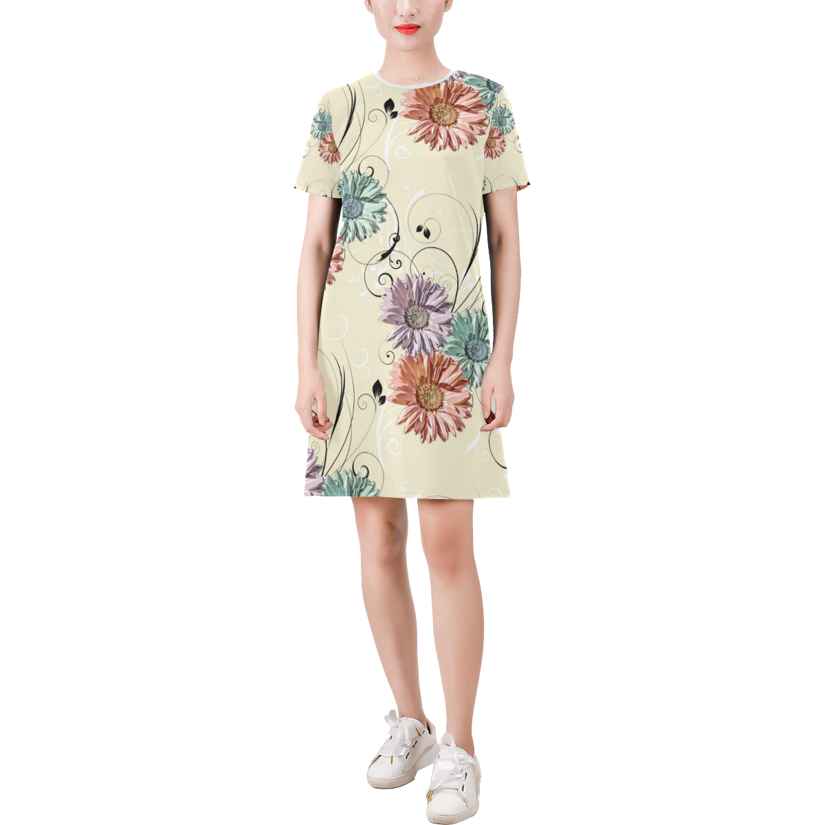 Flowers on Yellow Short-Sleeve Round Neck A-Line Dress (Model D47)