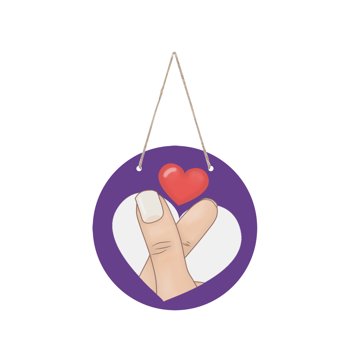 Finger Heart on Purple Round Wood Door Hanging Sign