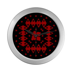 Black and Red Playing Card Shapes on Black Silver Color Wall Clock