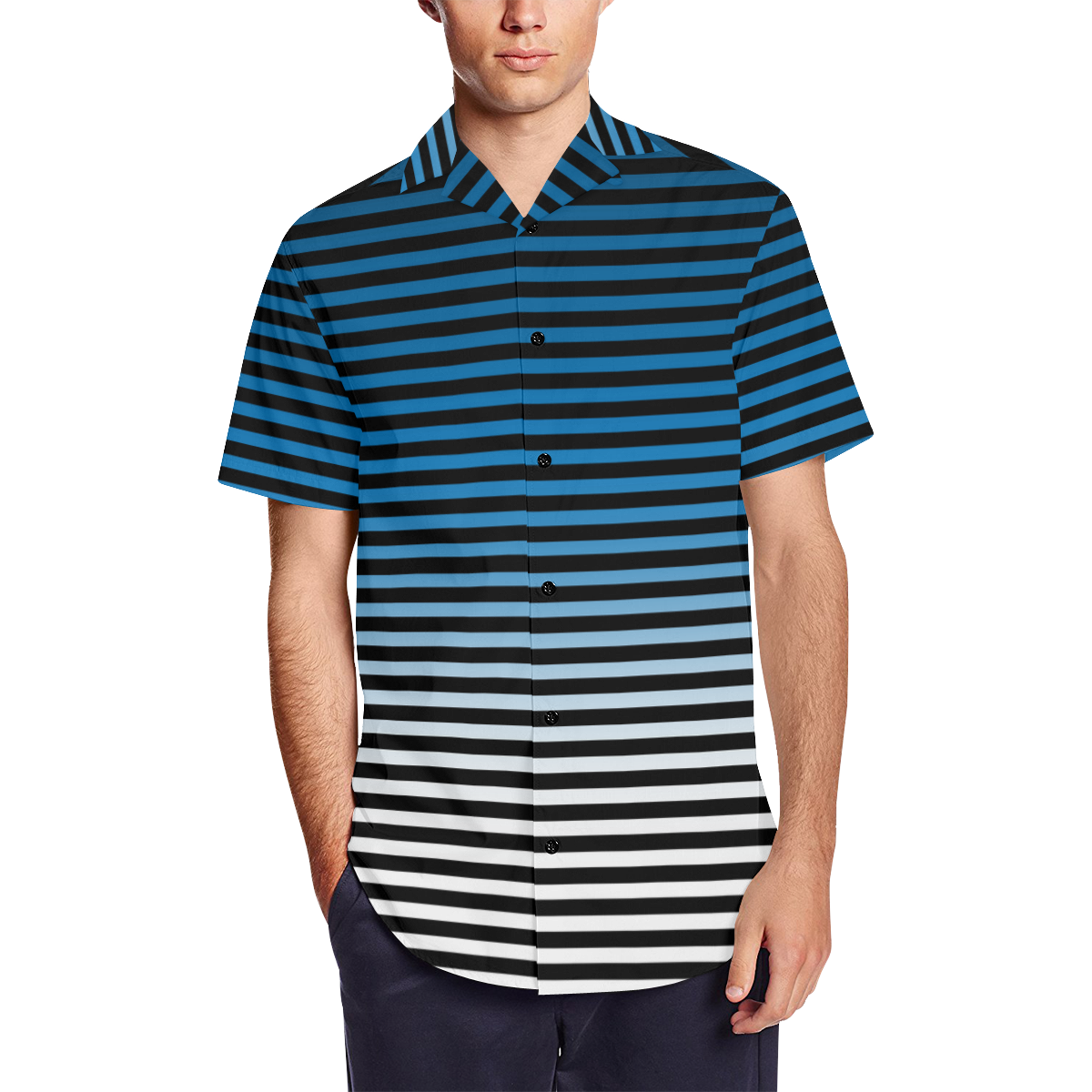 Stripes Fade Blue, Black Men's Short Sleeve Shirt with Lapel Collar (Model T54)