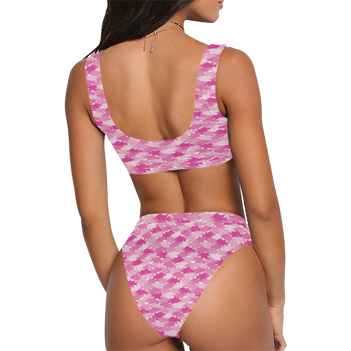 Pink Hogfish Camo Sport Top & High-Waisted Bikini Swimsuit (Model S07)