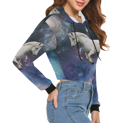 Unicorn and Space All Over Print Crop Hoodie for Women (Model H22)