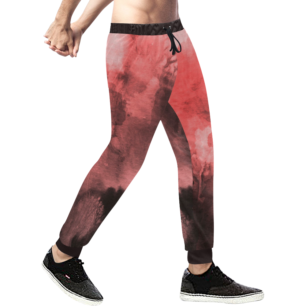Red and Black Watercolour Men's All Over Print Sweatpants (Model L11)