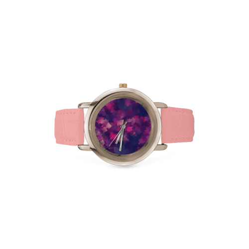 purple pink magenta cubism #modern Women's Rose Gold Leather Strap Watch(Model 201)