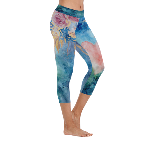 Heart and Flowers - Pink and Blue Women's Low Rise Capri Leggings (Invisible Stitch) (Model L08)