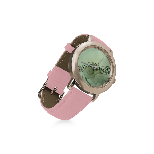Wonderful flowers, soft green colors Women's Rose Gold Leather Strap Watch(Model 201)