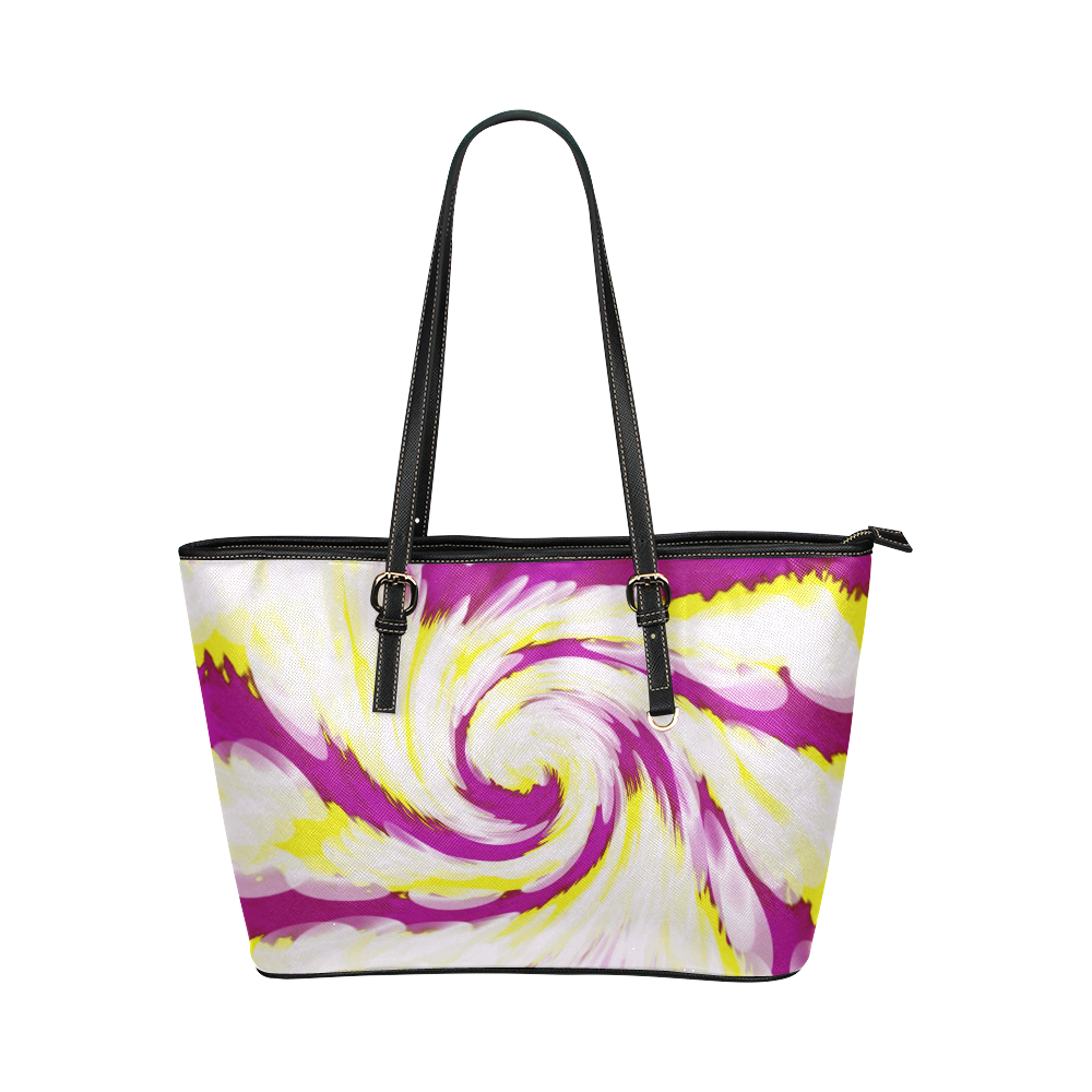 Pink Yellow Tie Dye Swirl Abstract Leather Tote Bag/Large (Model 1651)