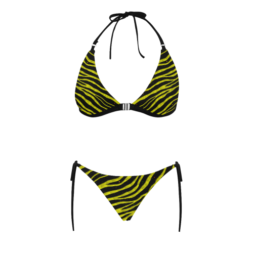Ripped SpaceTime Stripes - Yellow Buckle Front Halter Bikini Swimsuit (Model S08)