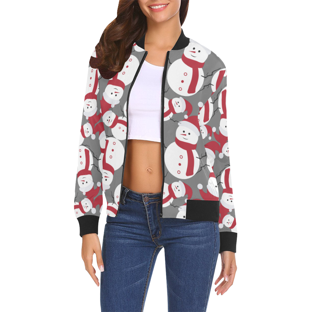 Snowman CHRISTMAS Pattern SILVER GREY All Over Print Bomber Jacket for Women (Model H19)