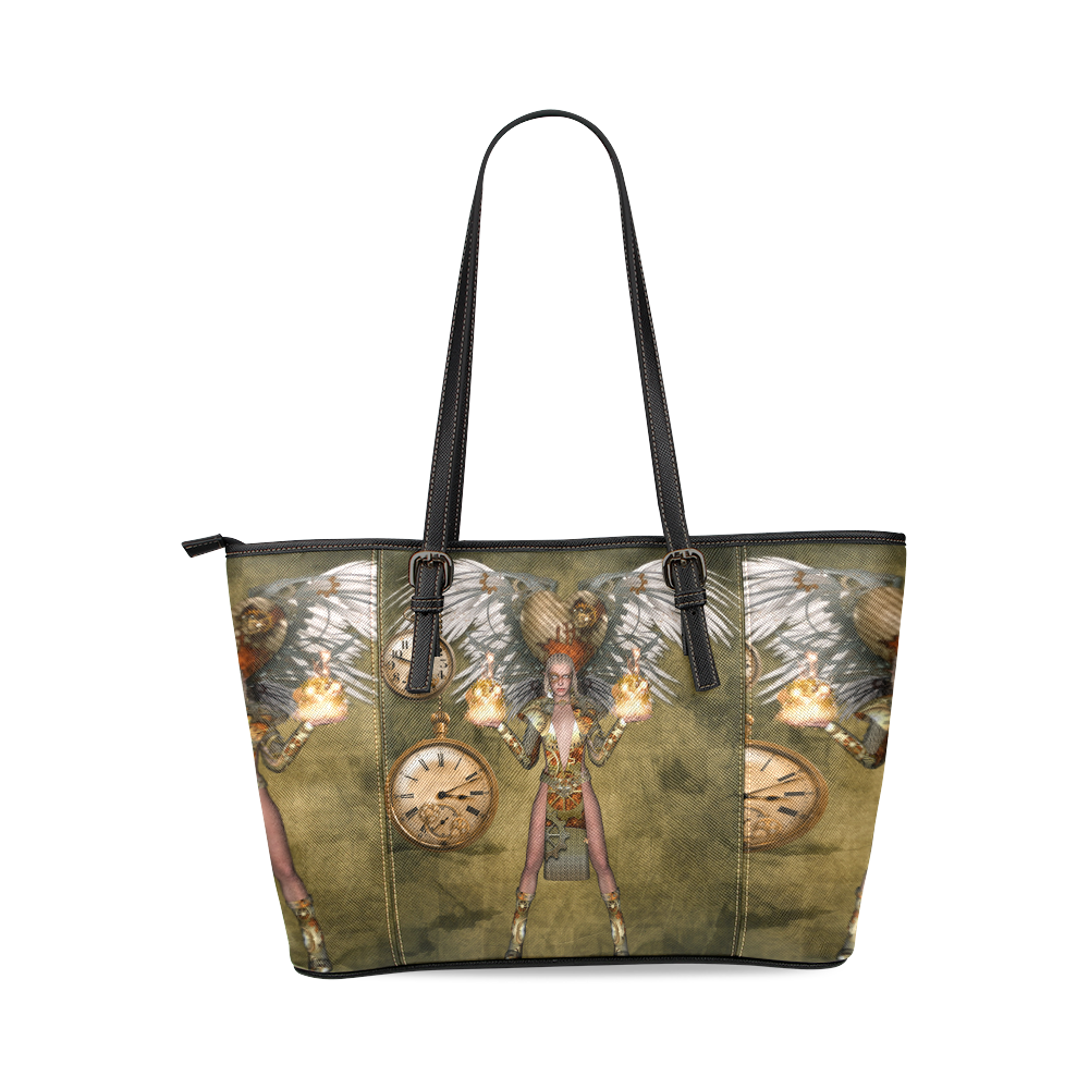 Steampunk lady with clocks and gears Leather Tote Bag/Small (Model 1640)