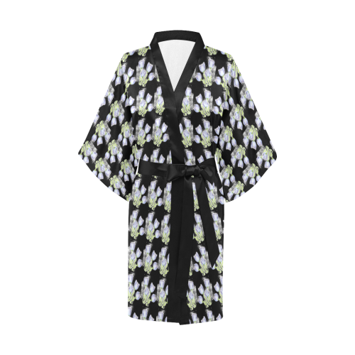 Black Kimono Wrap With Lilac Colored Flowers Kimono Robe