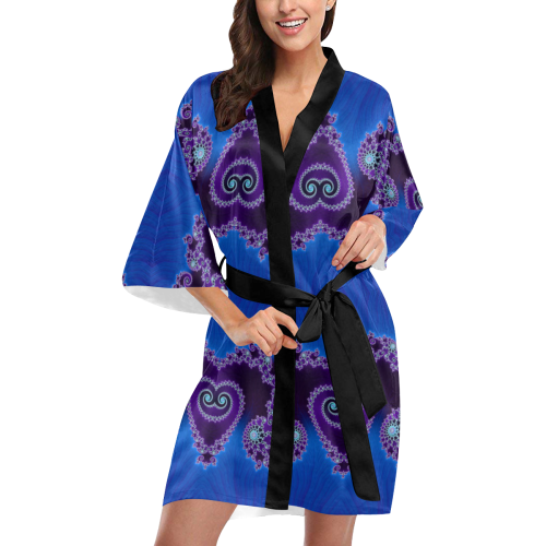 Blue Hearts and Lace Fractal Abstract 2 Kimono Robe
