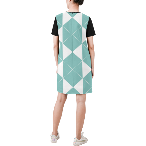 Abstract geometric pattern - blue and white. Short-Sleeve Round Neck A-Line Dress (Model D47)