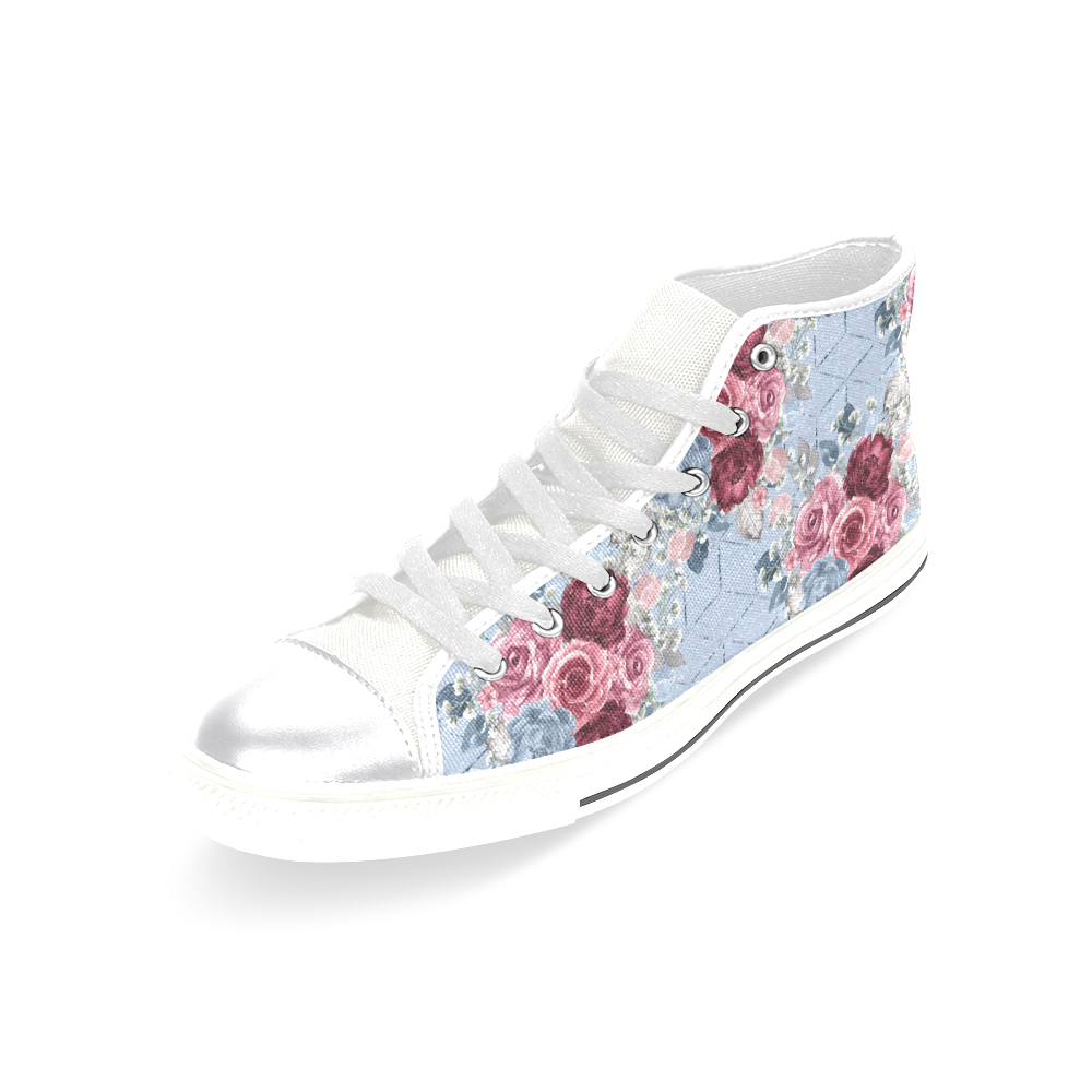 Floral Blue Shoes, Burgundy Flowers Women's Classic High Top Canvas Shoes (Model 017)