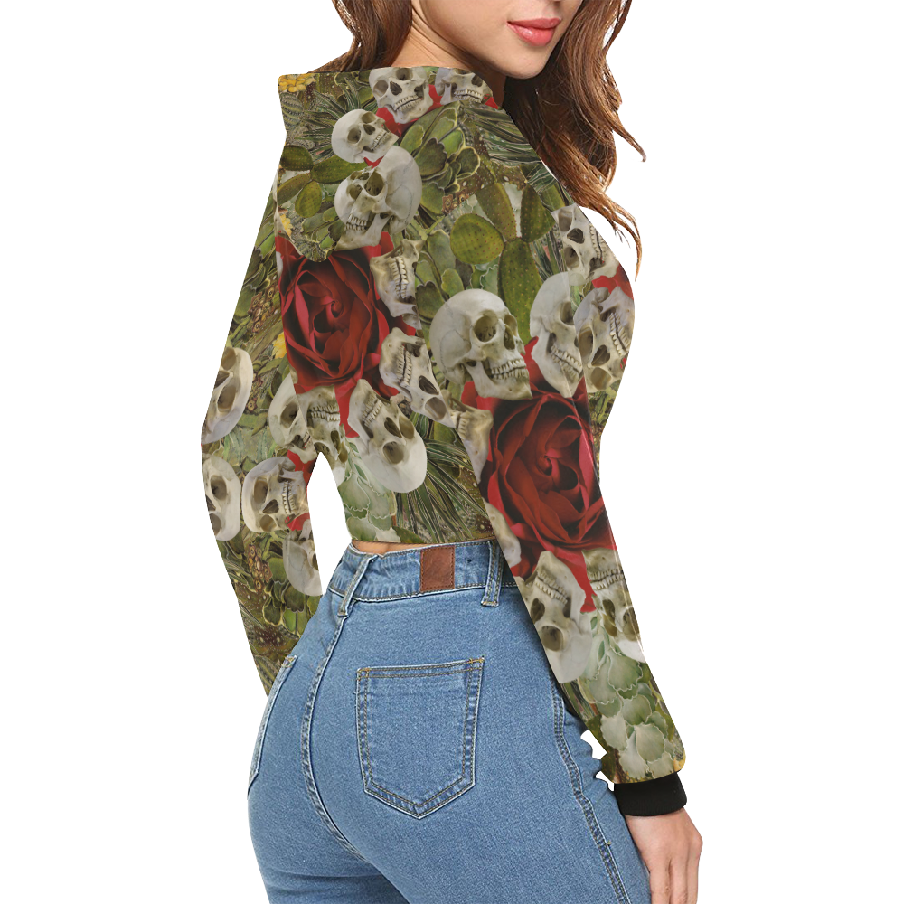 Western Skull All Over Print Crop Hoodie for Women (Model H22)