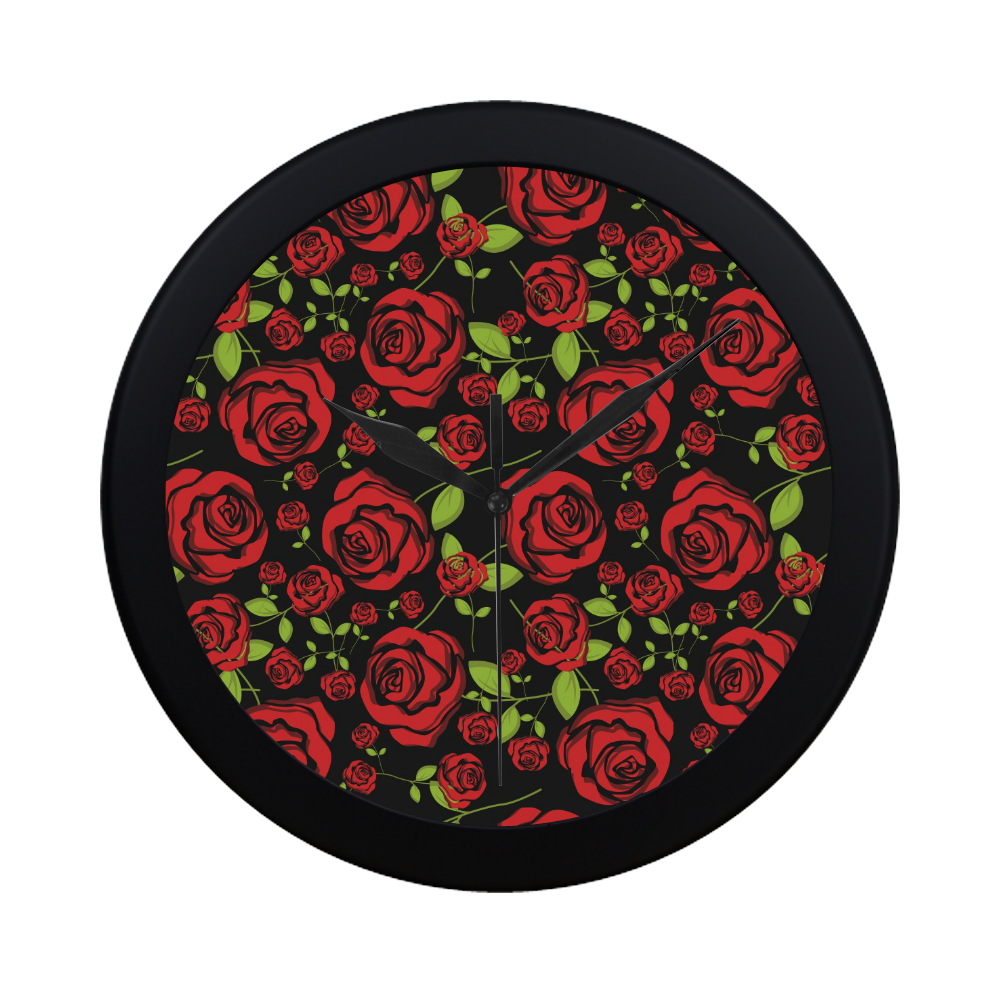 Red Roses on Black Circular Plastic Wall clock