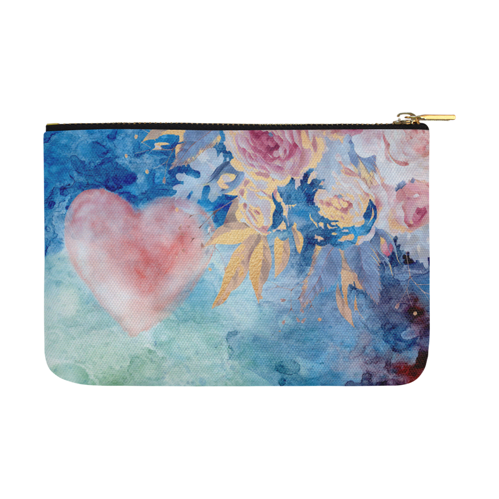 Heart and Flowers - Pink and Blue Carry-All Pouch 12.5''x8.5''