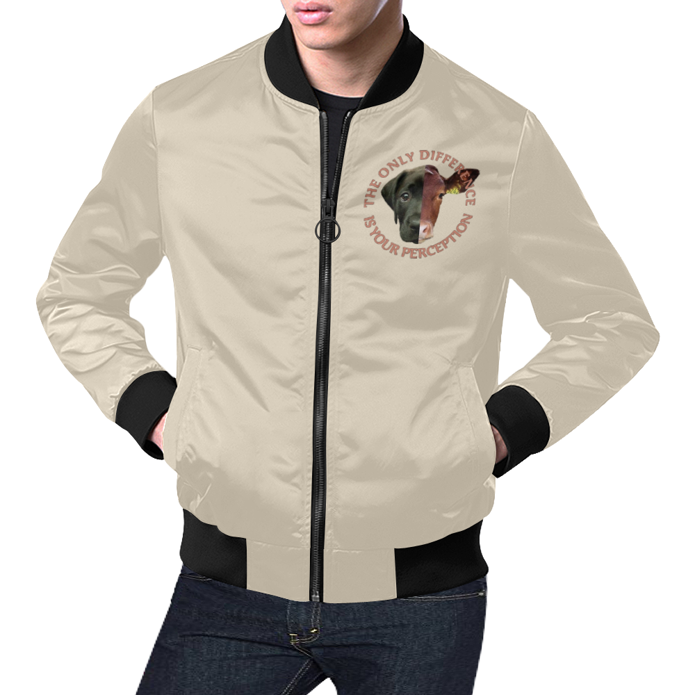 Vegan Cow and Dog Design with Slogan All Over Print Bomber Jacket for Men/Large Size (Model H19)