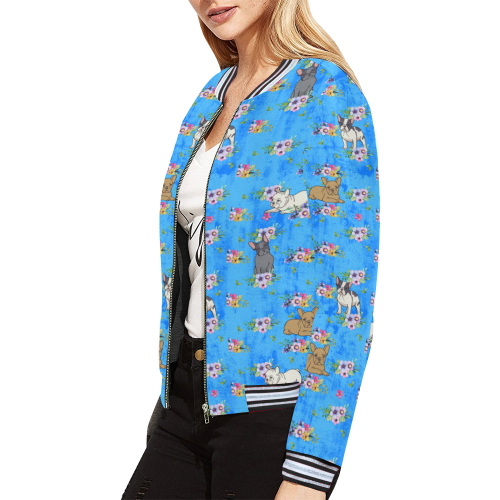 Frenchies In Flowers All Over Print Bomber Jacket for Women (Model H21)
