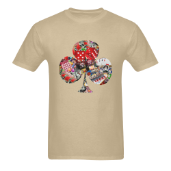 Club Playing Card Shape - Las Vegas Icons on Brown Men's Heavy Cotton T-Shirt/Large (Two Side Printing)
