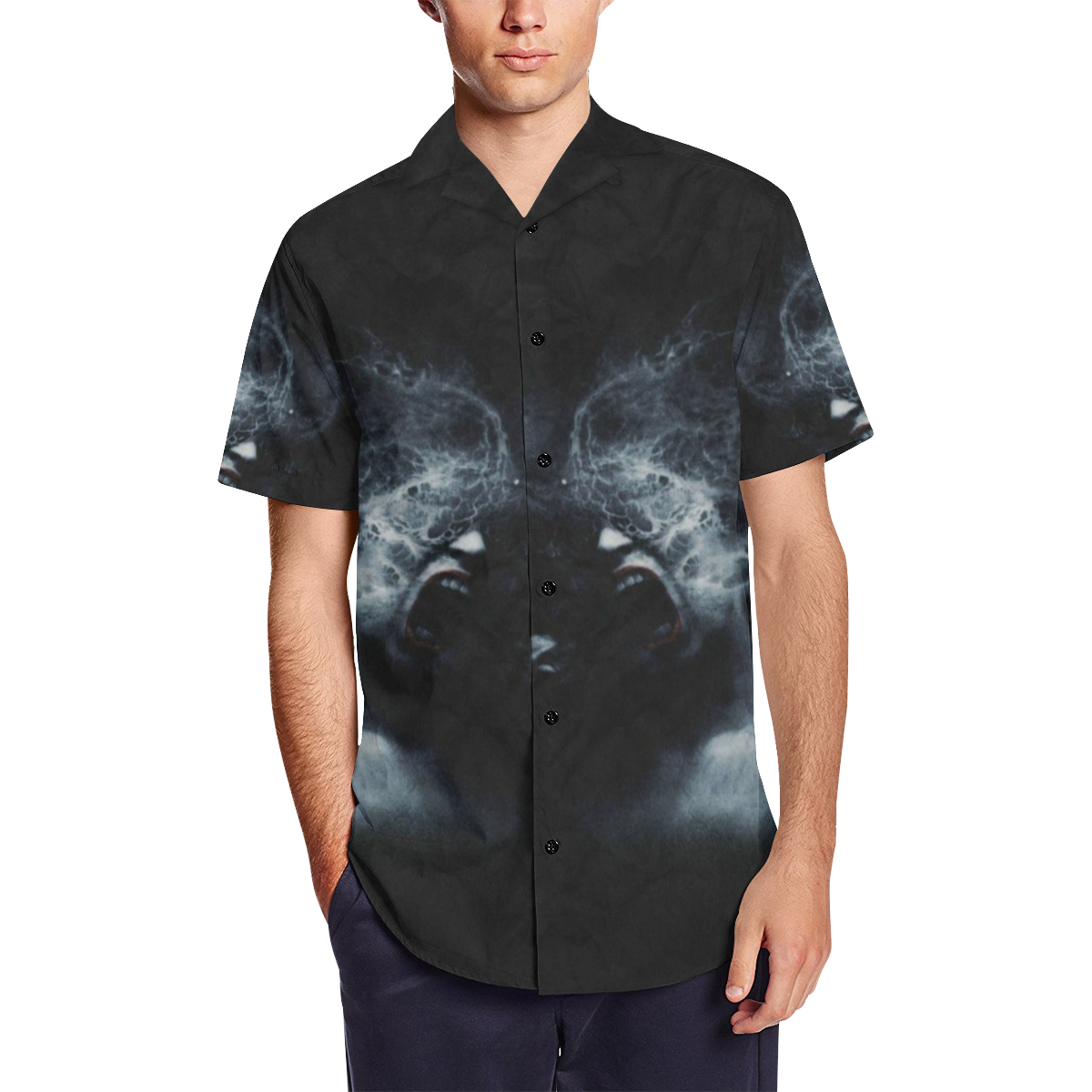 Eternal Damnation Anarchy Gothic Underground Satin Dress Shirt Men's Short Sleeve Shirt with Lapel Collar (Model T54)