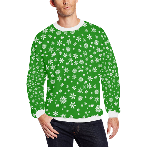 Christmas White Snowflakes on Green Men's Oversized Fleece Crew Sweatshirt (Model H18)