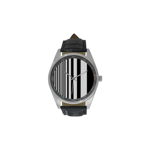Black & White Stripes Men's Casual Leather Strap Watch(Model 211)