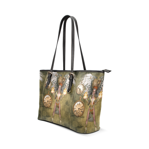 Steampunk lady with clocks and gears Leather Tote Bag/Large (Model 1640)