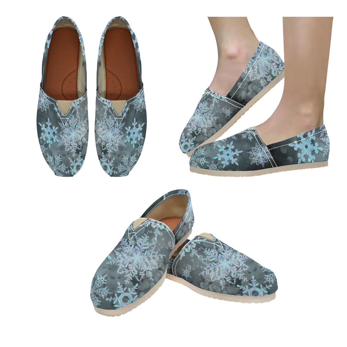 Snowflakes, snow, white and blue, Christmas Women's Classic Canvas Slip-On (Model 1206)