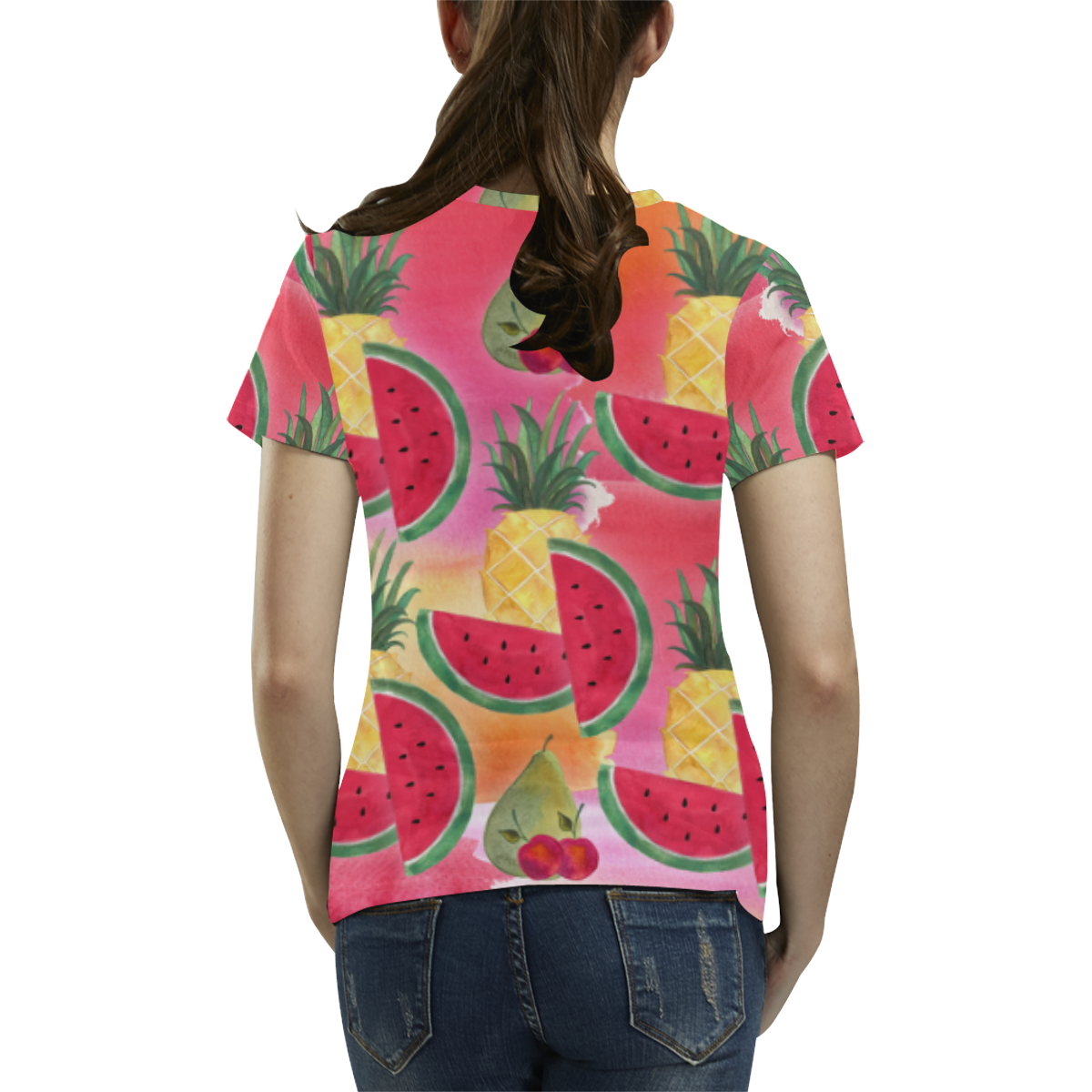 Watercolor Fruit Watermelon Pineapple Pear Cherry All Over Print T-Shirt for Women (USA Size) (Model T40)