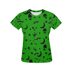 Alien Flying Saucers Stars Pattern on Green All Over Print T-Shirt for Women (USA Size) (Model T40)