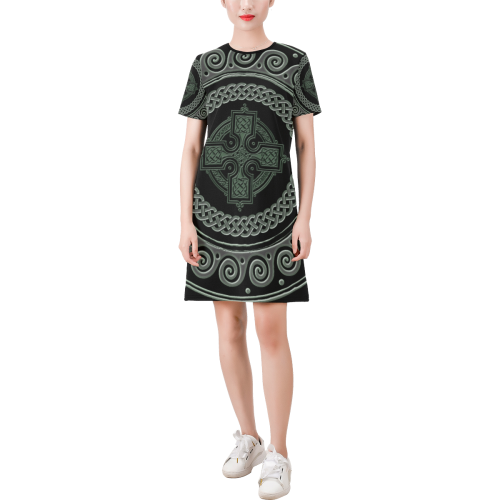 Awesome Celtic Cross Short-Sleeve Round Neck A-Line Dress (Model D47)
