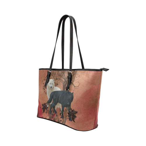 Awesome black and white wolf Leather Tote Bag/Large (Model 1651)